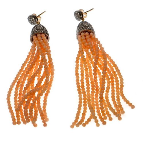 Coral, diamond, silver & 14k gold tassel earrings