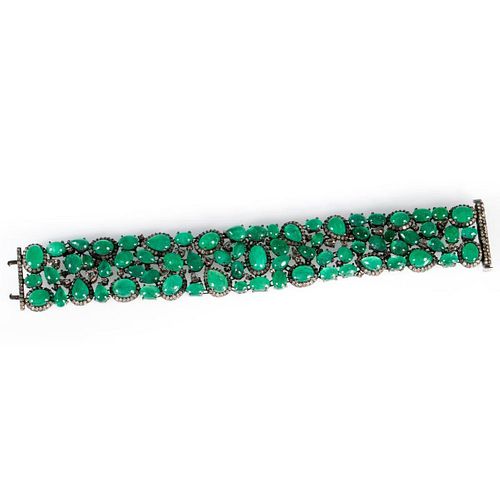 Emerald, diamond and blackened silver bracelet
