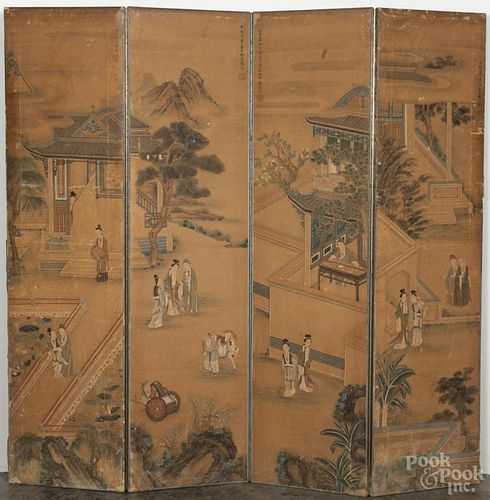 Oriental painted folding screen, late 19th c., 58 1/2'' x 60''.