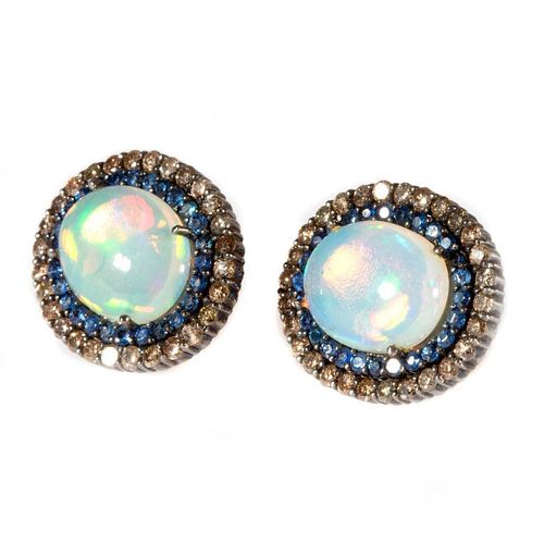 Opal, sapphire, diamond, blackened silver earrings