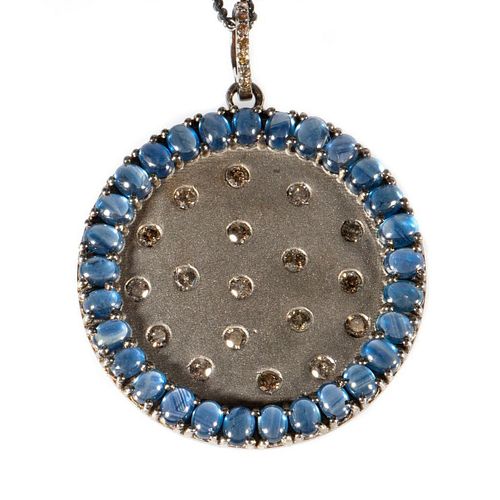 Sapphire, diamond and blackened silver pendant with chain