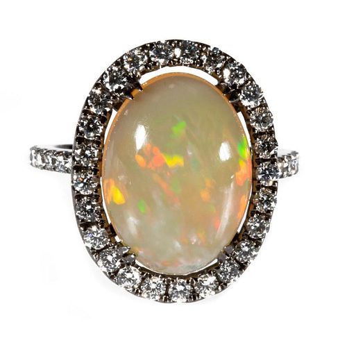 Opal, diamond and 18k blackened gold ring