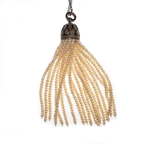 Seed pearl, diamond and silver tassel pendant