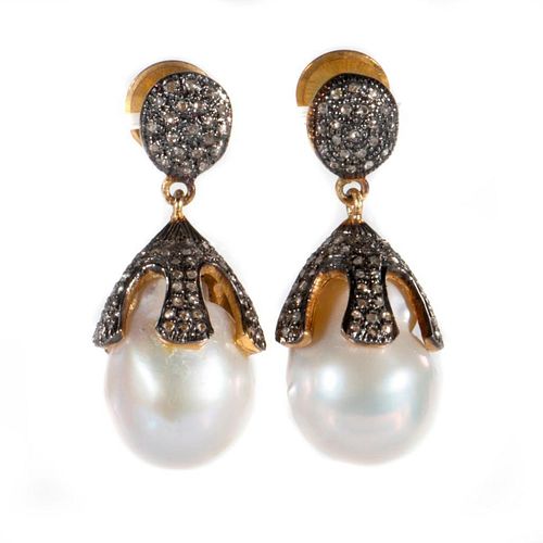 Freshwater pearl, diamond, vermeil silver earrings