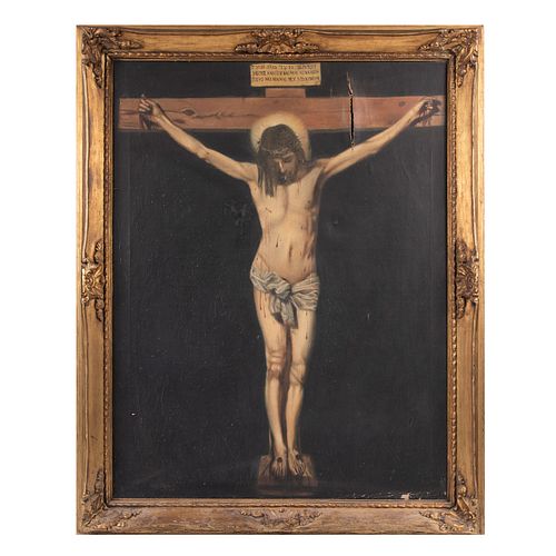 Anónimo. Reproducción de " Cristo Crucificado" de Diego Velázquez. Técnica mixta. Enmarcada. 106 x 81 cm.