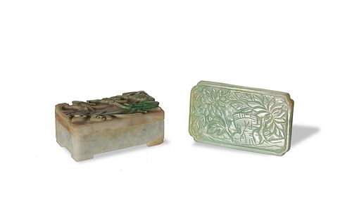 Chinese Carved Jadeite Buckle and Box, 19th Century