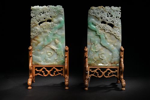 Pair of Jadeite Carved Table Screens, Republic