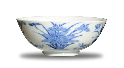 Chinese Blue and White Bowl with Mandarin Ducks, Republic