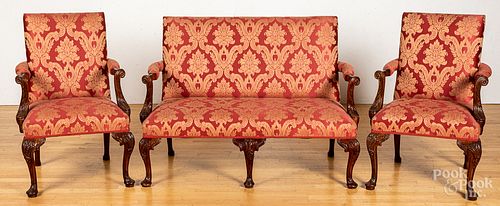 Queen Anne style carved mahogany love seat, toget