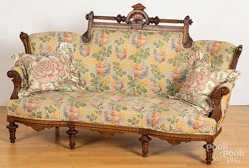Pair of Eastlake parquetry inlaid walnut sofas, 7