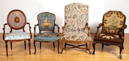 Three needlework upholstered open armchairs, toge
