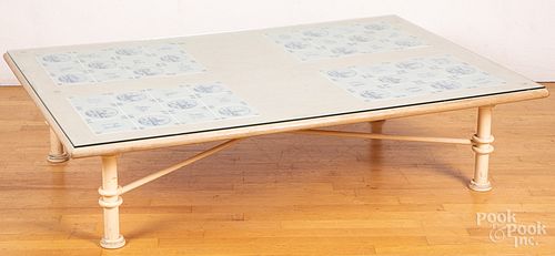 Oak coffee table, with blue and white Delft tile