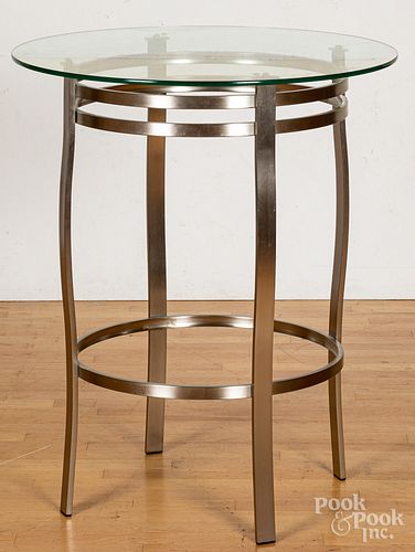Modern chrome high table, with glass top, 36" h.,