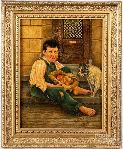 Oil on panel of a boy and dog, ca. 1900, signed