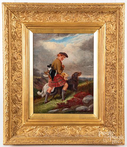 Scottish oil on canvas of a hunter and hounds, la