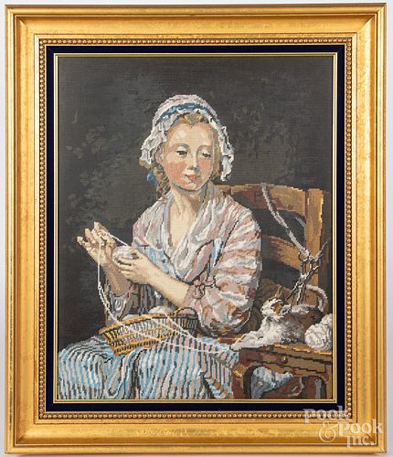 Two needleworks, one of a woman sewing and one of