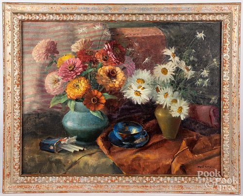 Oil on canvas still life with flowers, mid 20th c