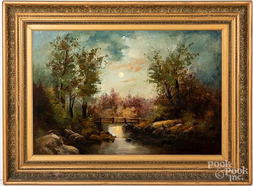 Oil on canvas river landscape, late 19th c., 24"