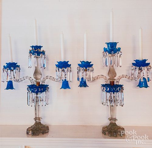 Pair of colorless and cobalt glass candelabra. Pr