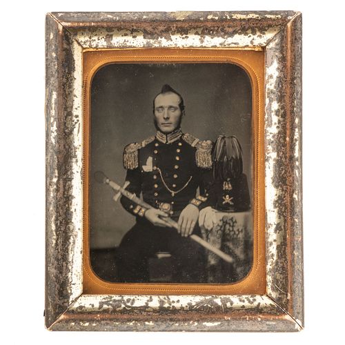 Framed Quarter Plate Ambrotype Portrait of a New Jersey State Militiaman, with Sword and Shako