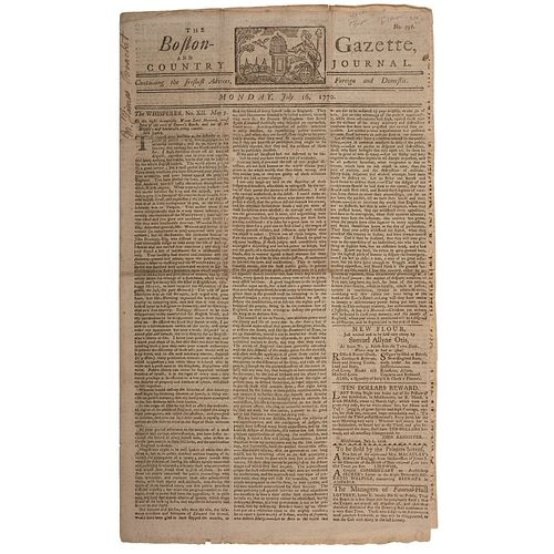 Pre-Revolutionary War Boston Newspaper with Paul Revere Masthead and Reference to the Boston Massacre 