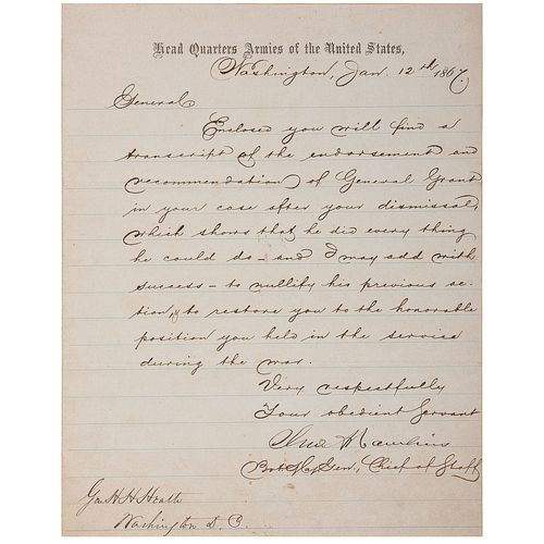 John Rawlins ALS to General Herman H. Heath, January 12, 1867