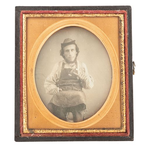 Occupational Sixth Plate Daguerreotype of a Cobbler with Hammer