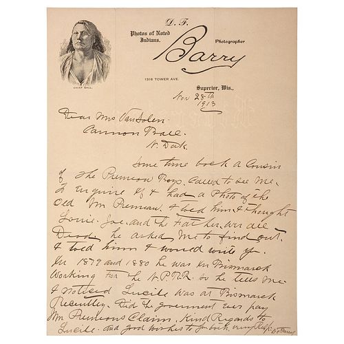 D.F. Barry ALS to Eagle Woman's Daughter, Louise Van Solen, Regarding Interpreter and Scout Louis Paul Primeau, 1913