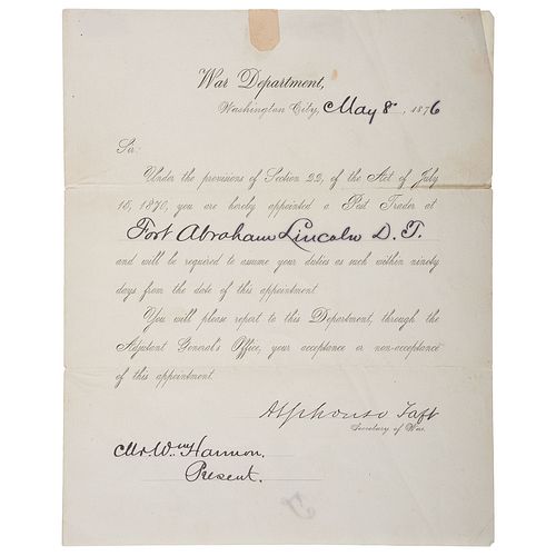 May 1876 Document Appointing William Harmon Post Trader at Fort Abraham Lincoln