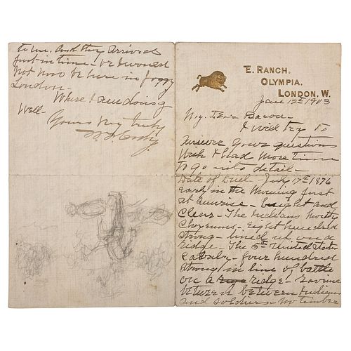 William F. "Buffalo Bill" Cody ALS with Sketch to Artist Irving R. Bacon Describing the Battle of Warbonnet Creek and Killing of Cheyenne Chief Yellow