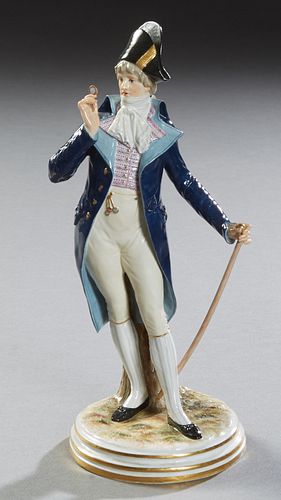 Meissen Polychromed Porcelain Figure of a Dandy, late 19th c., the standing male figure leaning on a tree trunk, dressed in stylish late 18th/early 19