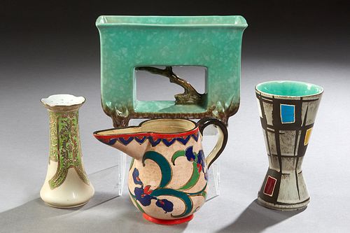 Group of Four Ceramic Items, consisting of a Mid-Century Modern German Glazed Waisted Vase; a Roseville #1054 Twig Pattern planter; a French Provincia