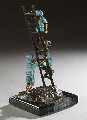 "Kids on a Ladder," 20th/21st c., patinated bronze figural group, on a figured stepped black marble base, H.- 14 3/4 in., Dia.- 7 7/8 in.