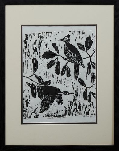 Milda Spindler (1927-, Lithuania/New Orleans), "Pileated Woodpeckers," 20th c., linocut, pencil titled lower center margin, pencil signed lower right 