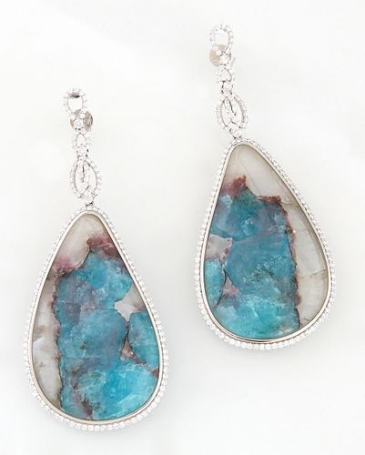 Pair of 18K White Gold Pendant Earrings, with a diamond mounted stud to a diamond mounted leaf bail, to a large 46.05 ct. Paraiba tourmaline and quart