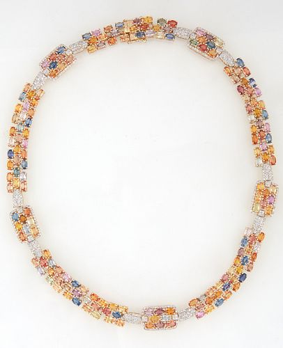 14K Yellow Gold Link Necklace, with six large rectangular links mounted with 48 oval multi-colored sapphires, atop a border of tiny round diamonds, jo