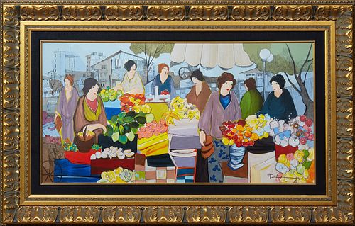 Itzchak Tarkay (1935-2012, Israeli), "The Flower Market," 20th c., serigraph, presented in a wide gilt composition frame, H.- 17 1/2 in., W.- 33 3/4 i
