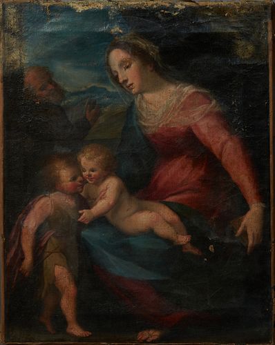 Old Master School, "The Holy Family and a Young John the Baptist," 19th c. oil on canvas, unframed, H.- 23 1/2 in., W.- 18 in.