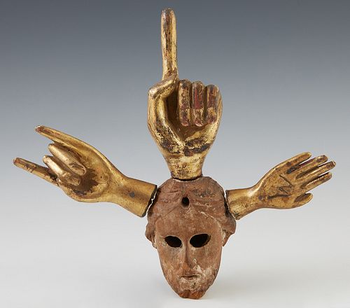 Pedro Friedeberg (1936-, Mexican), "Hands and Head," 20th c., miniature carved gilt wood sculpture, signed on the back of the proper left hand, H.- 8 