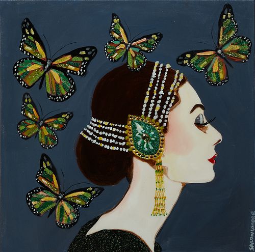 Sarah Ashley Longshore (1975-, New Orleans), "Audrey Hepburn with Butterflies," 20th c., mixed media, signed lower right corner, gallery wrapped, H.- 