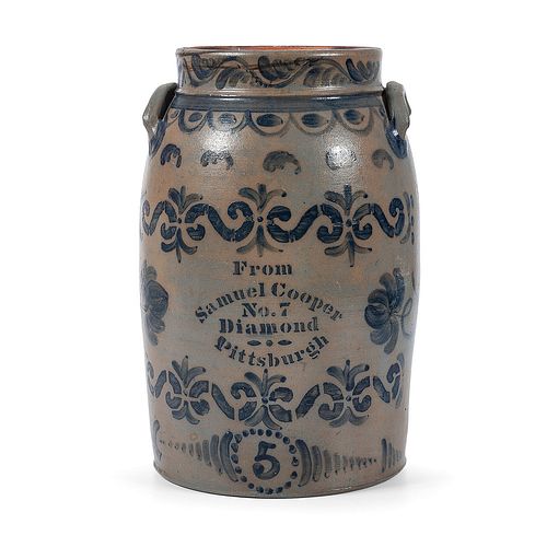 An Exceptional Five Gallon Stoneware Churn with Cobalt Decoration