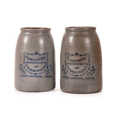 Two Quart Stoneware Canning Jars with Stenciled Cobalt