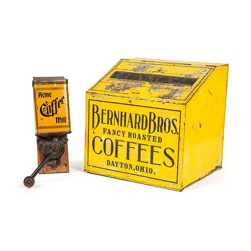 A Bernhard Bros. Coffee Store Bin and Acme Coffee Grinder