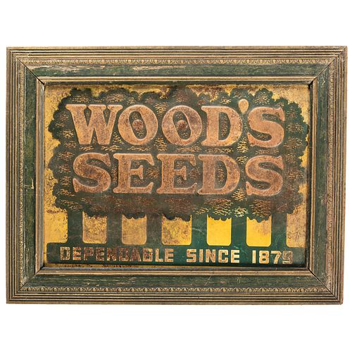 A Wood's Seeds Embossed Tin Advertising Sign