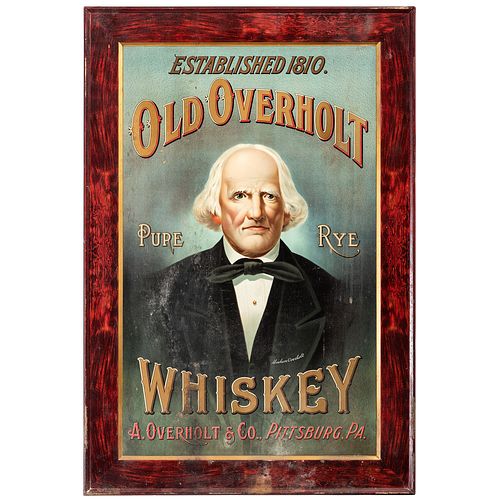 An Old Overholt Whiskey Tin Advertising Sign