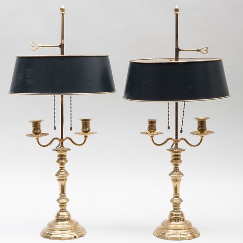 Pair of RÃ©gence Style Brass Two-Light Bouillotte Lamps with TÃ´le Shades