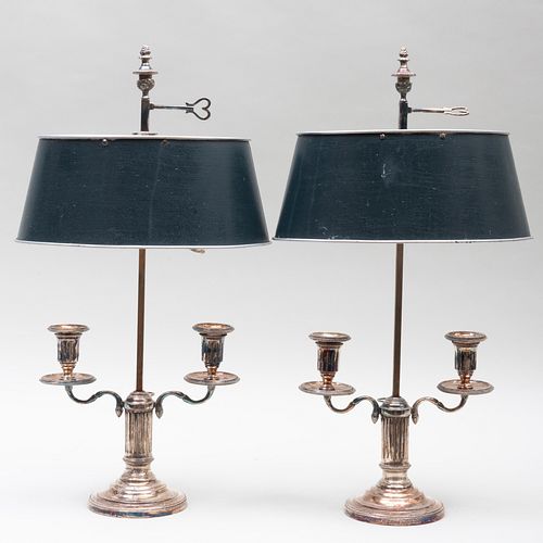 Pair of Silver Plate Two-Light Bouillotte Lamps with TÃ´le Shades
