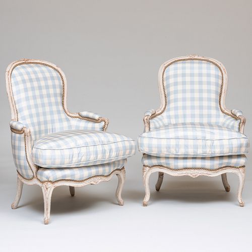 Pair of Louis XV Style Pale Grey Painted BergÃ¨res