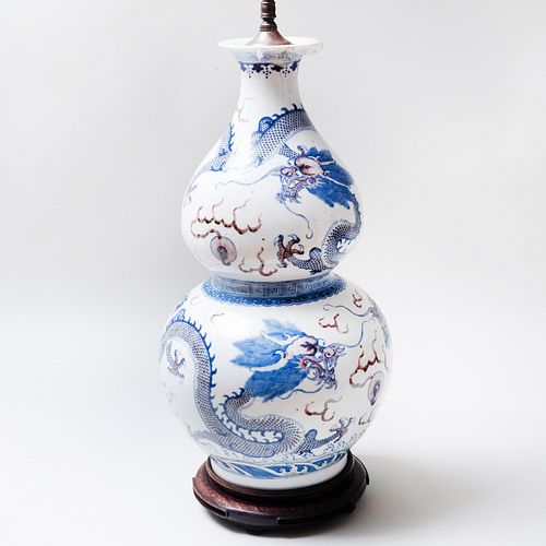 Chinese Double-Gourd Underglaze Red and Blue-Decorated Porcelain Vase Mounted as a Lamp