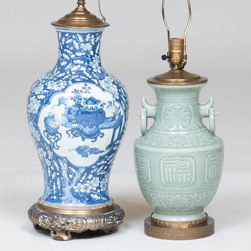 Chinese Blue and White Porcelain Vase and a Celadon Porcelain Vase, Each Mounted as a Lamp